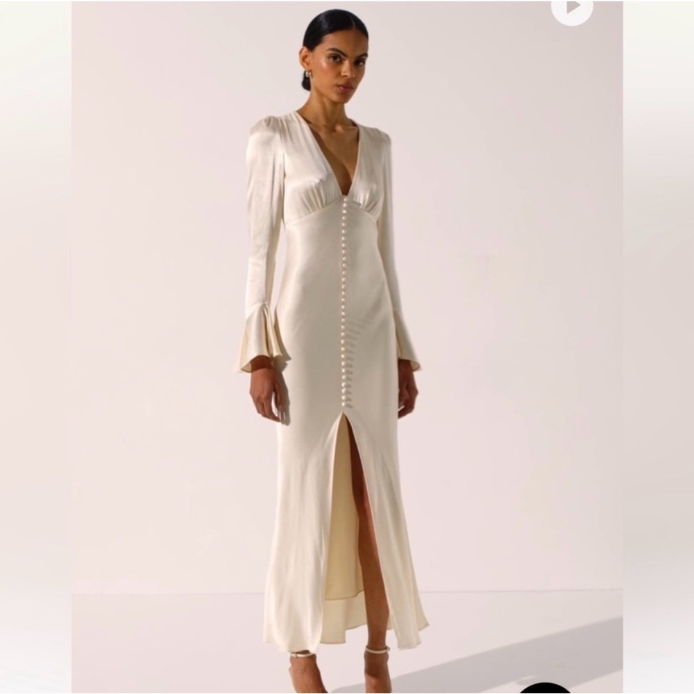 Shona Joy Cream Long Sleeve Dress with Front Slit